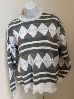 Claiborne Vintage Olive Green & White Striped Knit Pullover